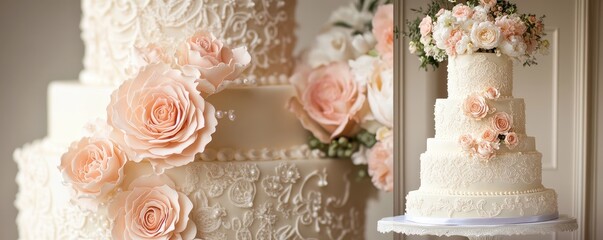 Elegant three-tier wedding cake with intricate lace patterns and peach floral decorations