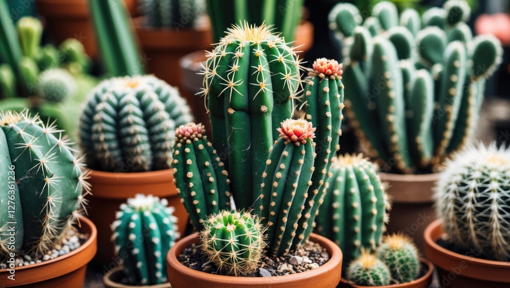 Poster variety of cacti in pots arranged in a greenhouse setting showcasing different shapes and sizes with