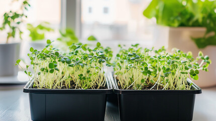 Healthy green microgreens sprouting in black trays near a bright window, symbolizing organic farming, nutrition, and sustainable indoor gardening