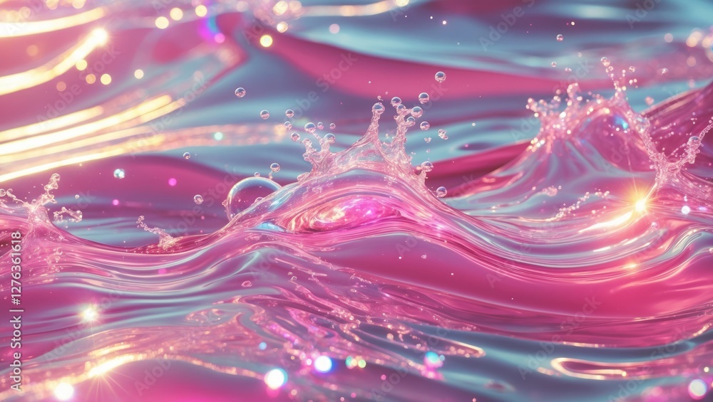 Poster colorful water surface with splashes and reflections in pink and blue hues creating an abstract back