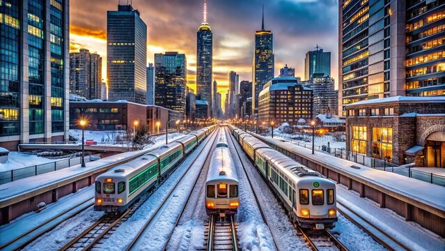 Toronto Winter Train Station: Parallel Passenger Trains on Tracks