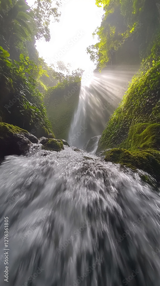 Poster a stunning waterfall cascading down mossy rocks with sunlight streaming through the trees above, cre