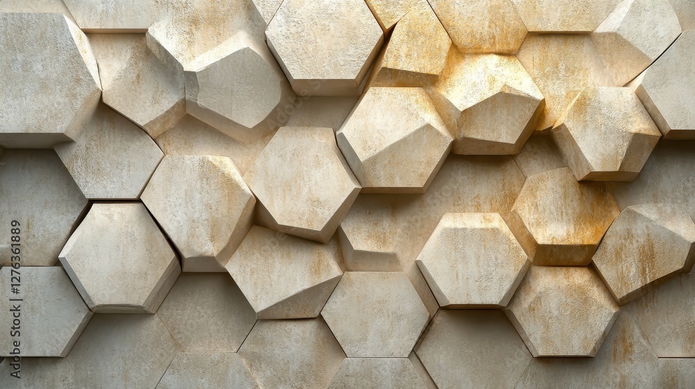 Poster abstract hexagonal pattern with textured stones in golden sunlight on a wall surface