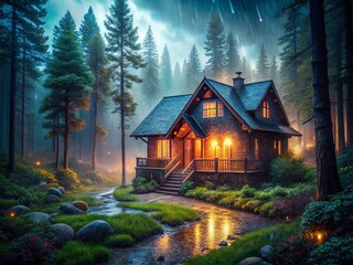 Tranquil Rainy Night: Panoramic Forest House Stock Photo