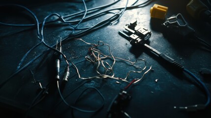 Damaged cables tangled with tools on a work surface. Featuring visible breaks and exposed wires