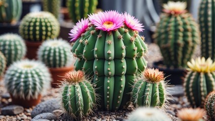 Fototapeta premium Colorful blooming cactus with pink flowers surrounded by various types of cacti in a desert garden setting.