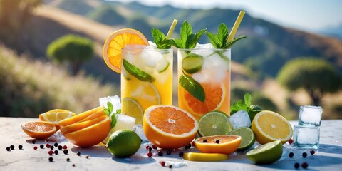 Fresh citrus cocktails with mint garnishes on a table surrounded by assorted citrus fruits and ice cubes in a natural outdoor setting