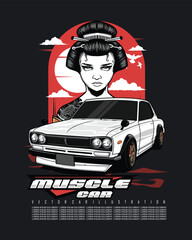 WHITE MUSCLE CAR ILLUSTRATION WITH A GRAY BACKGROUND