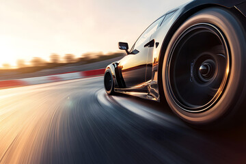 Black Sports Car Speeding on Race Track at Sunset, Dynamic Motion Blur, High Velocity, Luxury Vehicle, Asphalt Road, Wheel Detail, Golden Hour Light