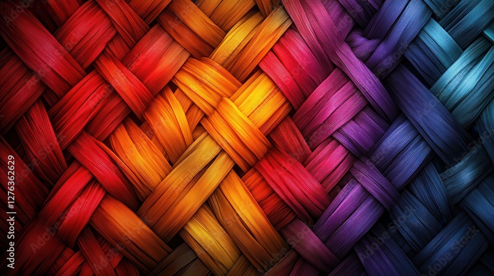 Poster Vibrant multicolored woven fabric texture with interlaced patterns creating a tapestry of colors