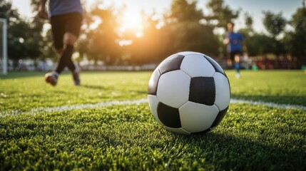 Fototapeta premium People playing soccer game in field.