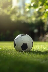 Fototapeta premium Soccer ball on grass lawn. Outdoor activity.