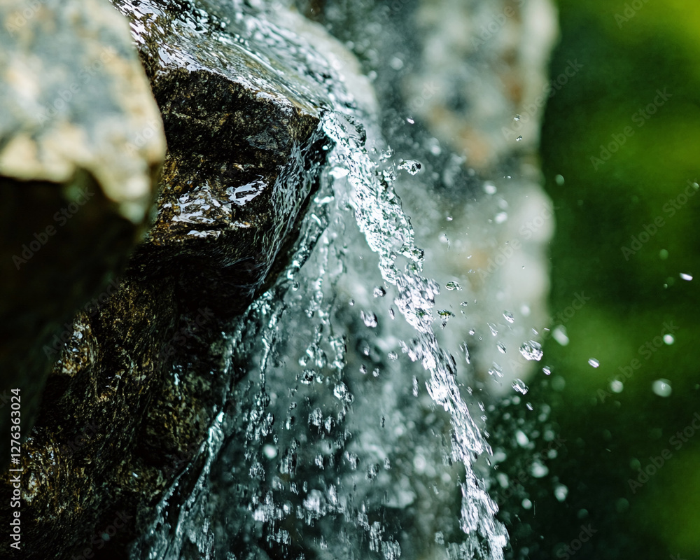 Poster close-up of water splashing off a rock, showing the dynamic movement of droplets against a blurred g