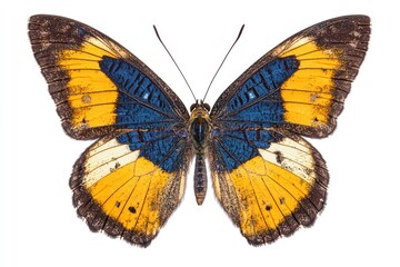 Yellow-blue butterfly wings, isolated, studio shot, white background, nature print.