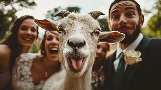 A goat photobombing a wedding picture, making a goofy face just at the perfect moment.