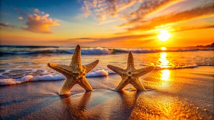 Fototapeta na wymiar Two Starfish on Sandy Summer Beach at Sunset - Idyllic Coastal Scene