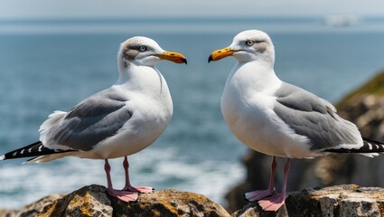 Two seagulls standing on a rocky ledge overlooking the ocean with a blurred seascape in the background and clear blue sky