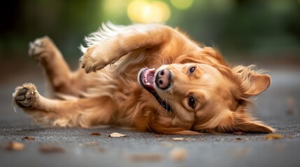 A golden retriever rolling on the ground in a fit of uncontrollable laughter, as if hearing the funniest joke ever.
