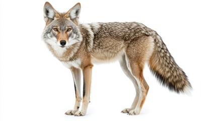 Obraz premium Alert coyote standing on white background with bushy tail and keen eyes