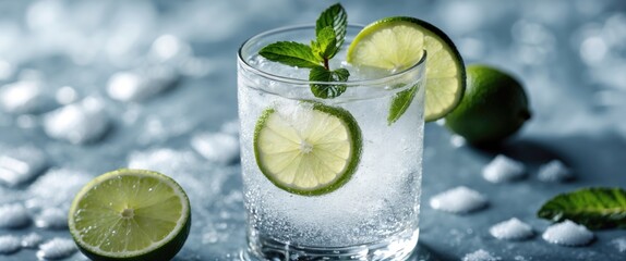 Fototapeta premium Refreshing cocktail glass with lime slices, mint leaves, and ice cubes on a blue background
