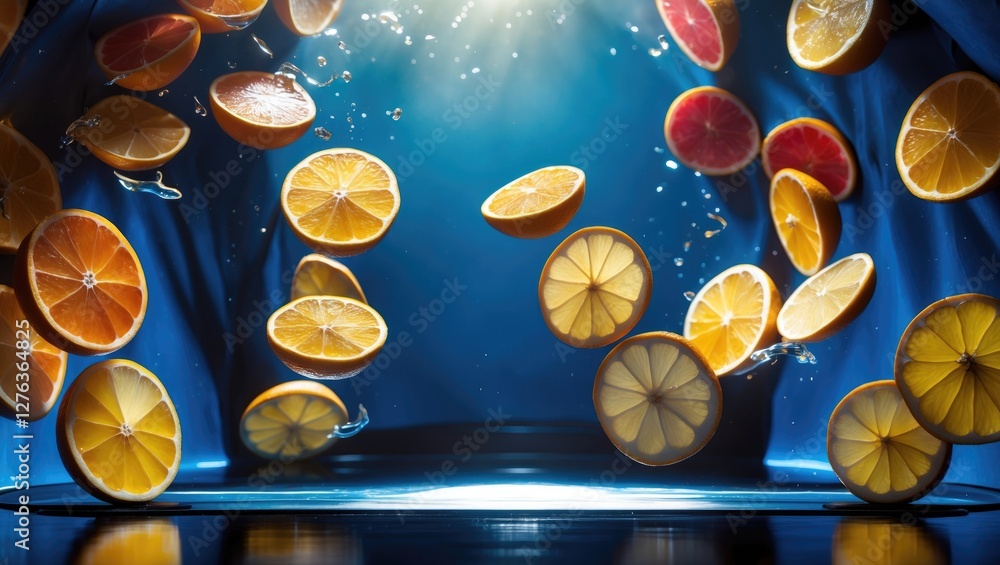 Poster floating lemon and grapefruit slices against a blue background with water splashes and light rays cr