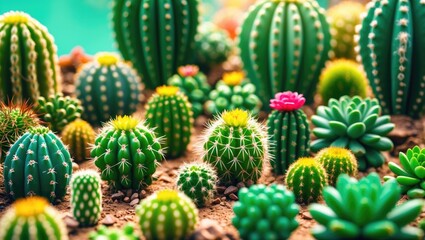Fototapeta premium Diverse assortment of cacti and succulent plants in a well-maintained desert garden setting