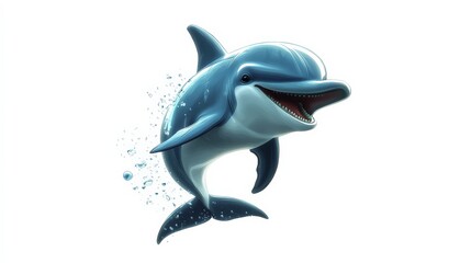 A goofy dolphin mid-jump, striking an exaggerated superhero pose with a big grin, as if showing off its acrobatics.