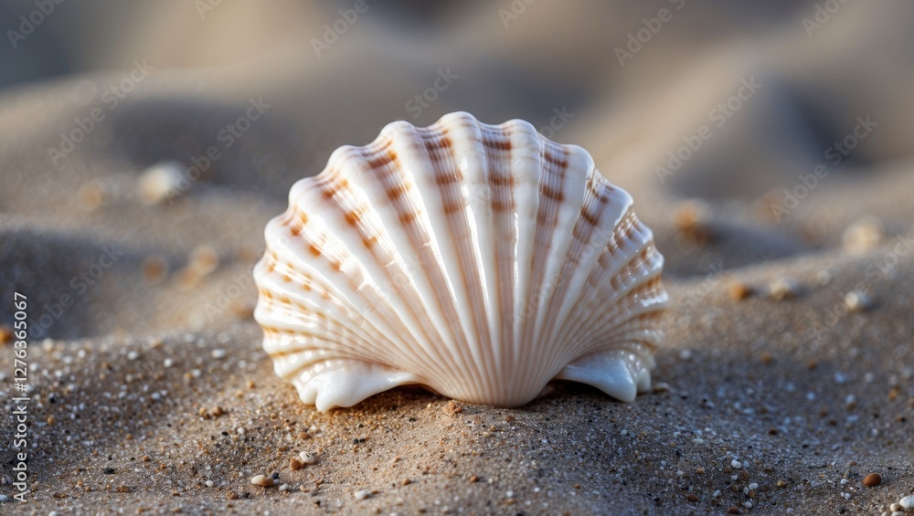 Poster close-up of a scallop shell on sandy beach with soft focus background and small pebbles visible in t