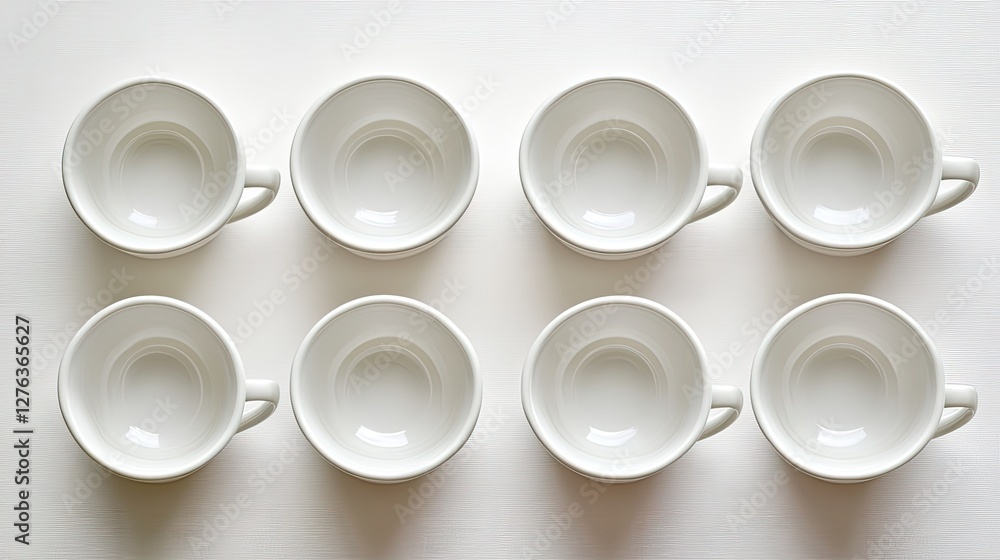 Aufkleber set of eight simple white cups arranged in two rows on white surface