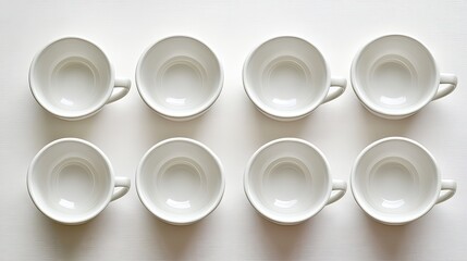 Set of Eight Simple White Cups Arranged in Two Rows on White Surface
