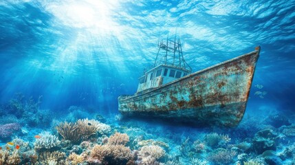 Obraz premium Submerged Fishing Boat with Coral Reef Beneath Crystal Clear Water