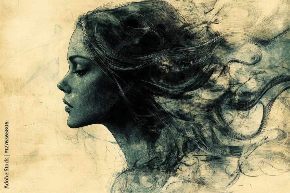 Poster artistic portrait of a woman with flowing hair and abstract elements in a serene composition