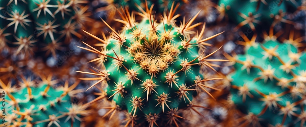 Poster close-up view of green cactus with sharp golden spines and intricate patterns on surface in natural 