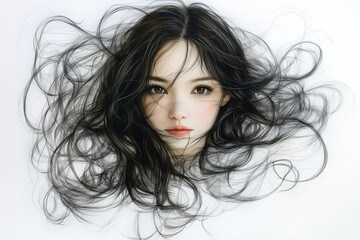 Naklejka premium Portrait of a woman with flowing black hair and an expressive gaze capturing a sense of beauty and serenity in a minimalist style