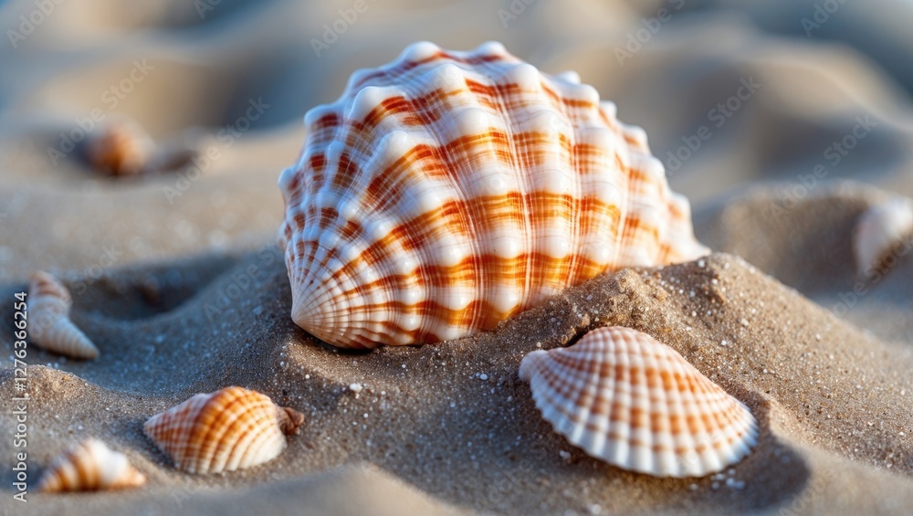 Poster large seashell on sandy beach surrounded by smaller shells in natural sunlight. detailed textures an
