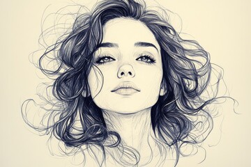 Creative portrait sketch of a young woman with flowing hair and captivating expression