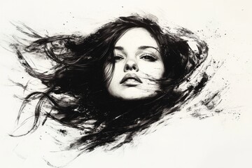 Fototapeta premium Artistic portrait of a woman with flowing hair captured in abstract black ink style