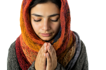 Syrian refugee in knitted scarf hands clasped tightly isolated on transparent white background