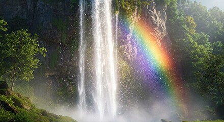 Waterfall with Rainbow in Lush Forest Creates a Magical Scene