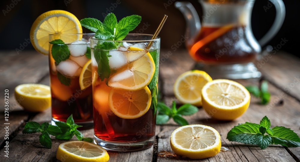 Poster iced tea drinks with lemon and mint on wooden table with lemon slices and a pitcher in background. r