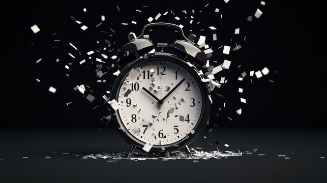 Fleeting Moments Dramatic Black Metal Alarm Clock Exploding into Chaos on Dark Background - Concept of Time, Urgency, Destruction Photorealistic 3D Render