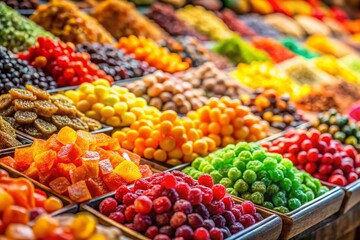 Vibrant Candied Fruit Market Stall: Aerial Drone Shot of Colorful Sweets