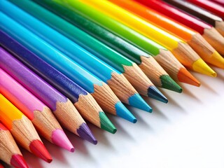 Vibrant Colored Pencils Arranged on White Background with Copy Space for Text