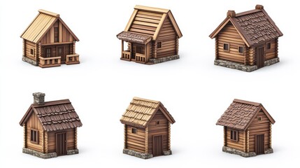 A set of icons. Wooden houses. Housing in the game town. Isolated on a white background