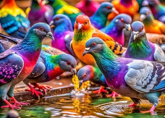 Vibrant Colorful Pigeons Drinking Water in a Natural Cage - 4K Stock Photo