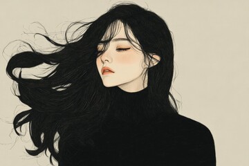 Captivating portrait of a woman with flowing hair against a minimalist background showcasing serene beauty and expression