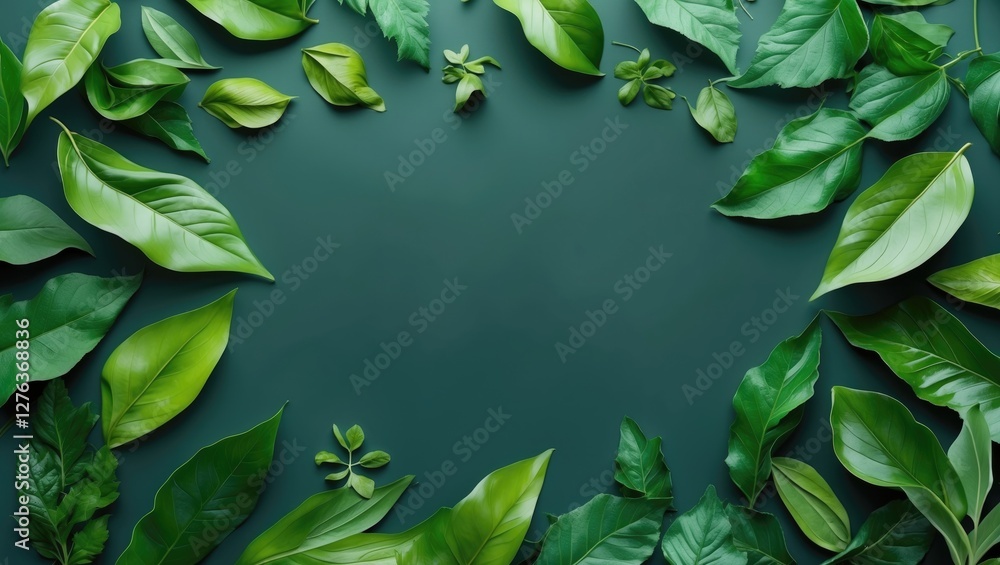 Poster mixed arrangement of various green leaves on a dark green background creating a botanical flat lay c