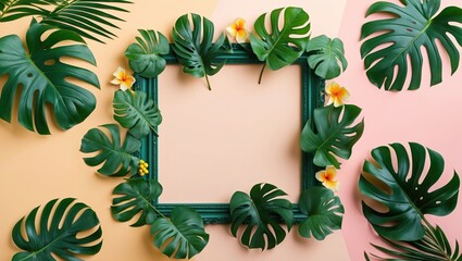 Tropical leaves and flowers surrounding an empty vintage frame on a pastel background for design composition