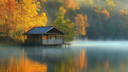 Fototapeta premium Serene Autumn Landscape with Rustic Cabin by Tranquil Lake