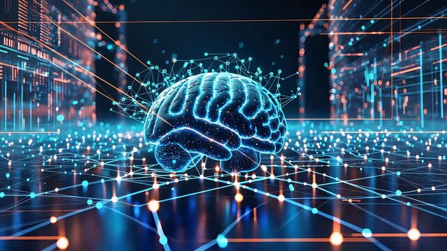 Artificial intelligence digital brain connected to a futuristic network of data processing

